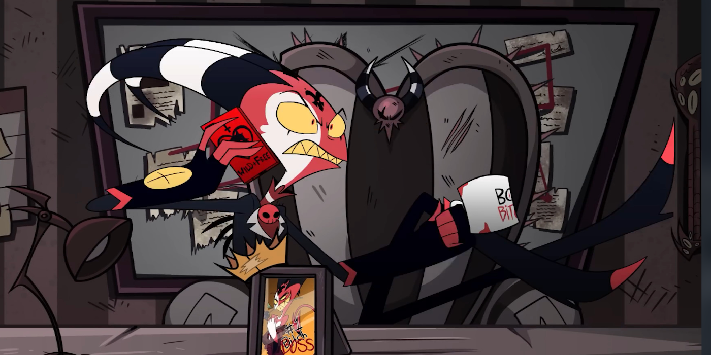 Blitzø in 'Helluva Boss' walking around with a coffee mug
