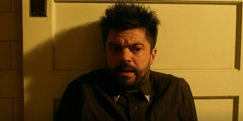Jesse (Dominic Cooper) is freaked out by something he sees in the TV show Preacher.