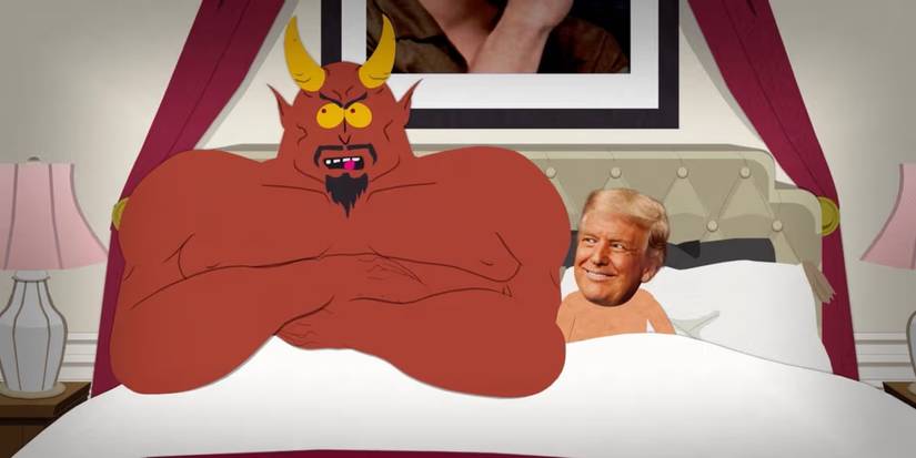 Satan and Donald Trump in bed on the 'South Park' episode "Sermon on the Mount"