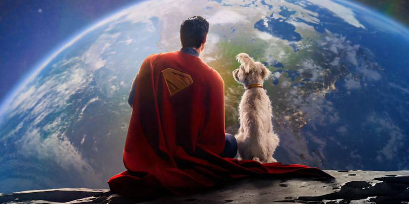 Superman (David Corenswet) and Krypto sitting on the moon and staring at Earth in Superman.