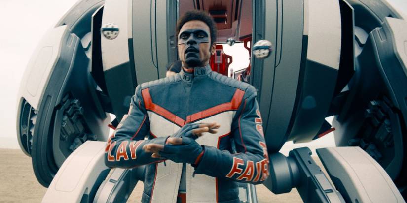Edi Gathegi as Mr. Terrific walking out of his ship in Superman.