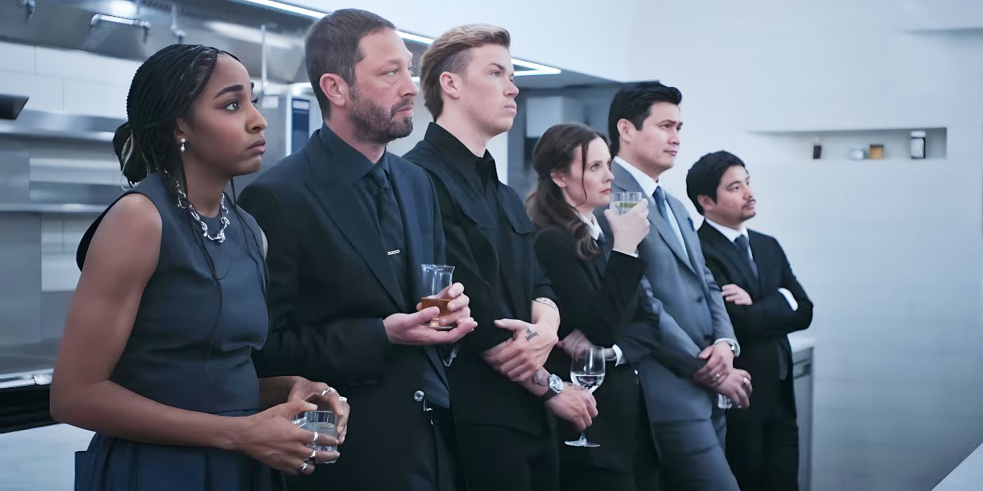 Syd, Richie, Luca, Jessica, René e Garrett, todos vestindo preto no urso.