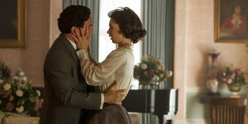 Vanessa Kirby as Princess Margaret and Ben Miles as Peter Townsend, romantically embraacing each other, in a still from 'The Crown.'