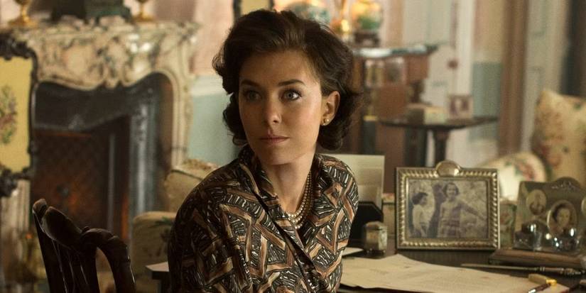 Vanessa Kirby as Princess Margaret, looking off camera while at her desk, in a still from 'The Crown.'