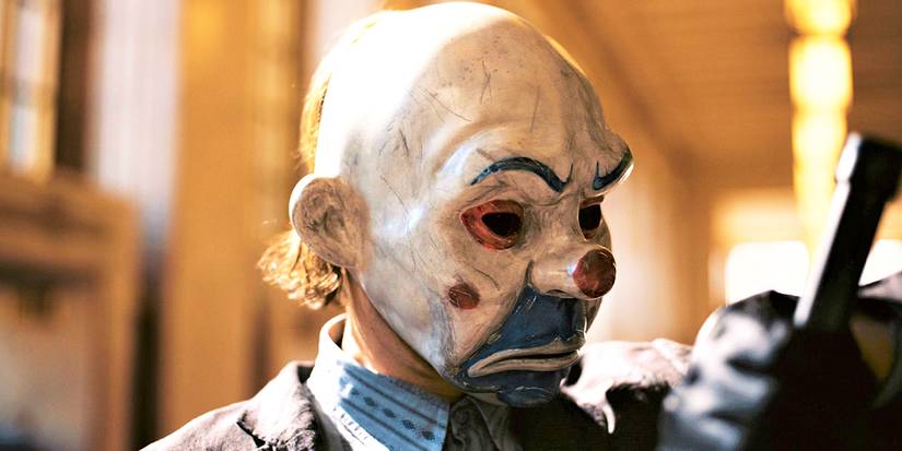 Heath Ledger's Joker wearing a clown mask in The Dark Knight