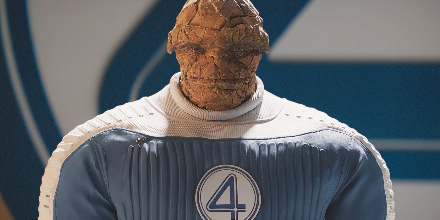 Ebon Moss-Bachrach as The Thing looking ahead on a stage in The Fantastic Four: First Steps.