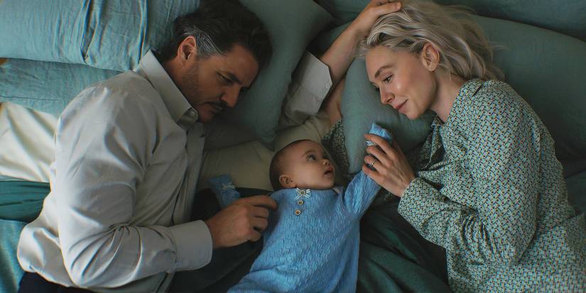 Redd and Sue are lying in a bed with their baby Franklin between them in the first four steps.