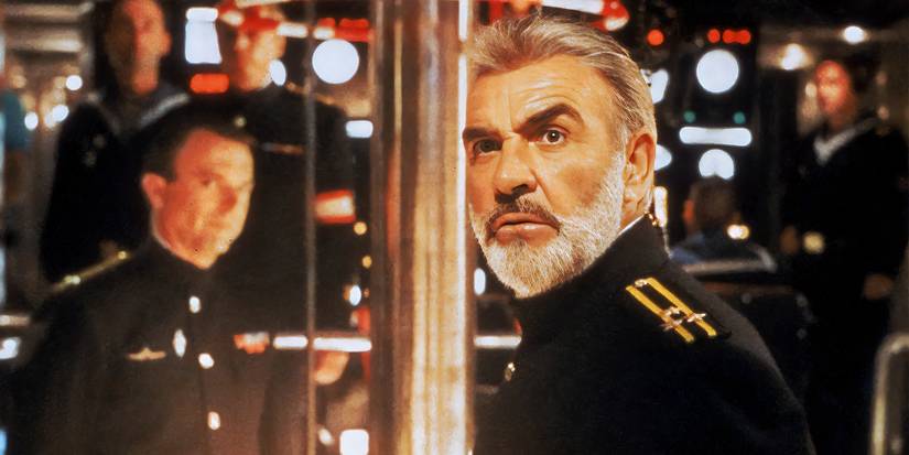Sean Connery looking back with his crew in the background in The Hunt for Red October