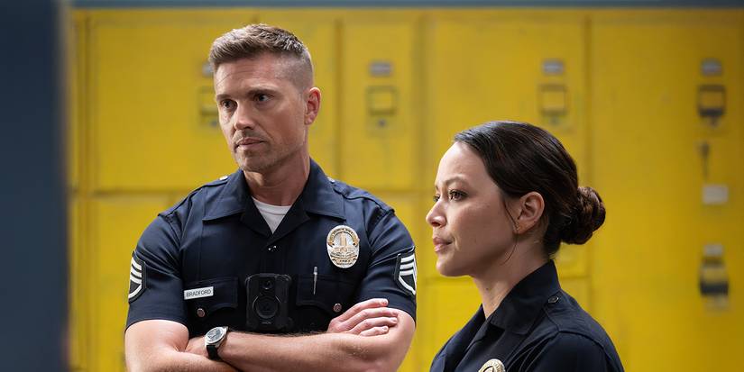The Rookie's Eric Winter & Melissa O'Neil stand in uniform
