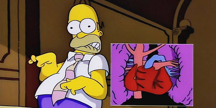 Homer getting a heart attack in "Homer's Triple Bypass" in The Simpsons.