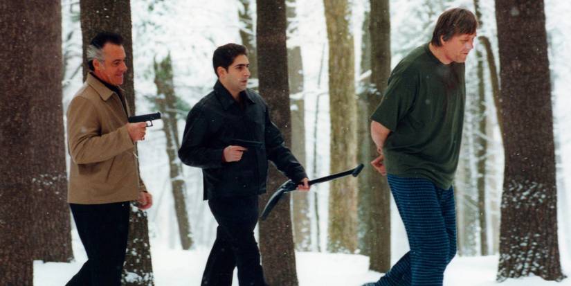 Paulie and Christopher make Valery walk through woods at gunpoint in Pine Barrens, season 3 of The Sopranos
