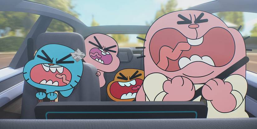 Gumball dan keluarganya panik di dalam mobil di The Wonderfully Weird World of Gumball