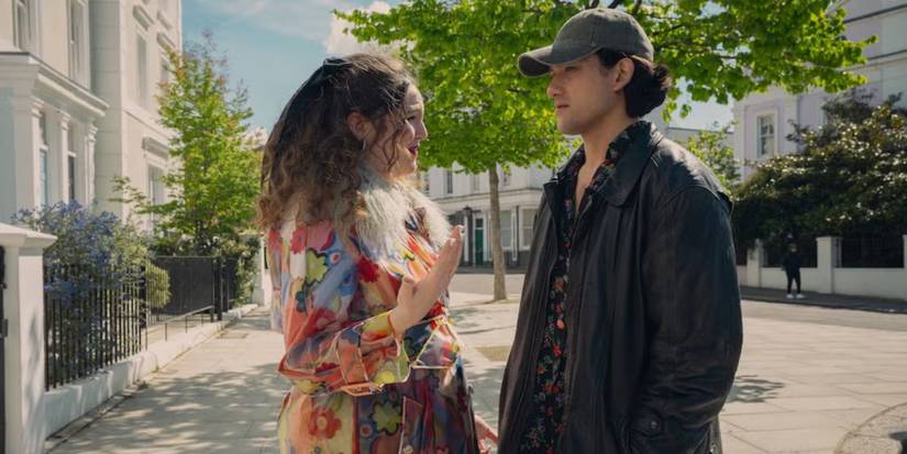 Megan Stalter and Will Sharpe facing each other on a street in `Too Much'.