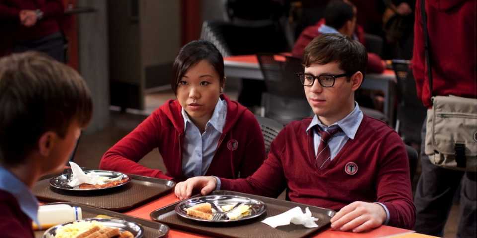 Dyana Liu as Suki and Ryan Pinkston as Gabe having lunch in Tower Prep.