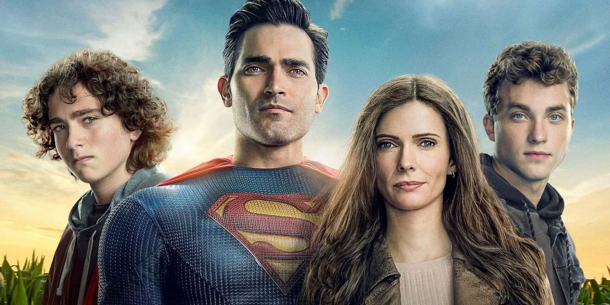 Tyler Hoechlin as Superman and Elizabeth Tulloch as Lois with two costars on a poster for Superman & Lois.