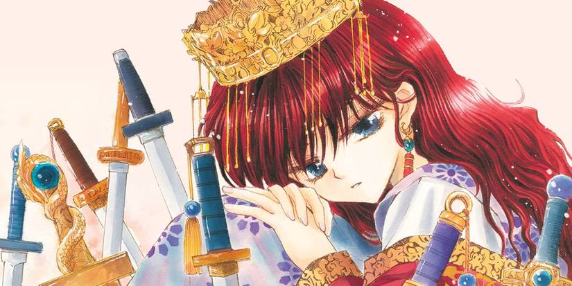 Girl with red hair and a crown sitting around swords in Yona of the Dawn