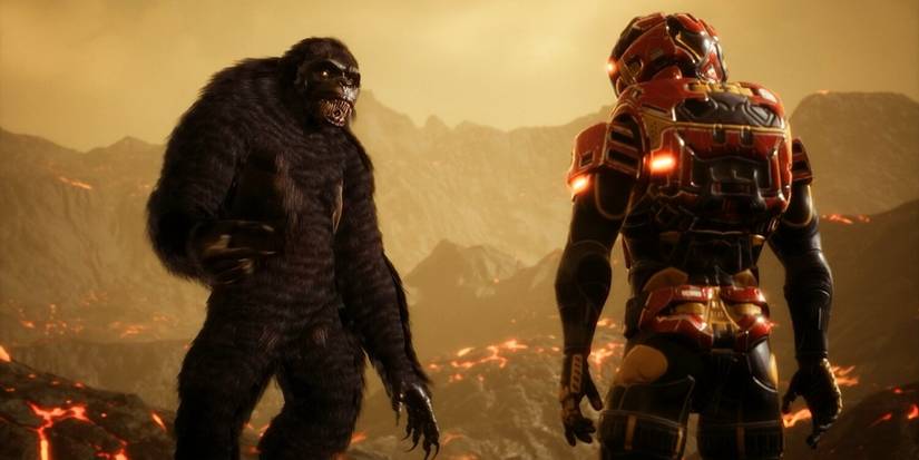 A man in a futuristic space suit talking to Bigfoot on a fiery, desolate planet in 'Bigfoot vs the Illuminati' (2020)