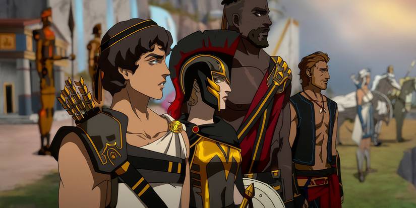 Characters lined up and looking to the right in 'Blood of Zeus'