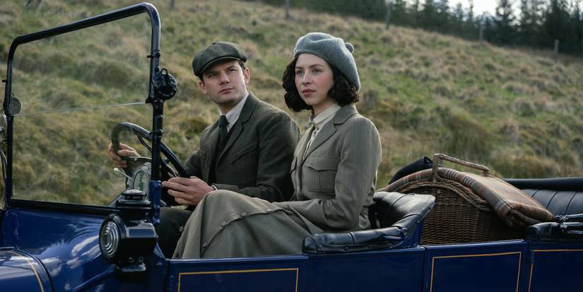 Jeremy Irvine and Hermione Corfield in a car on Outlander Blood of my Blood Season 1, Episode 1.