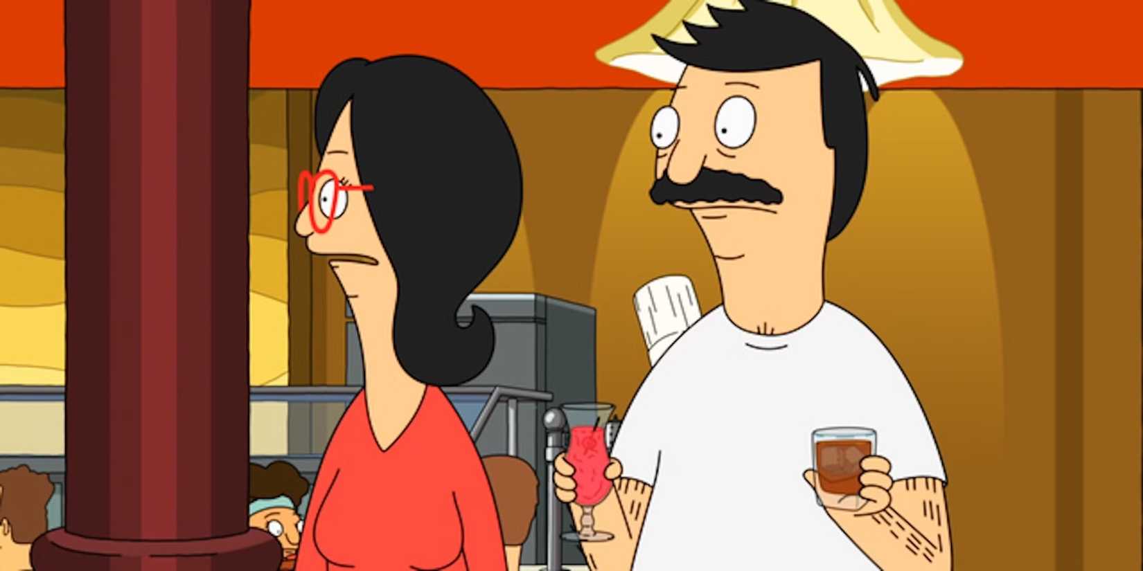 Bob holding two drinks as he and Linda look to the side in Bob's Burgers Season 15, Episode 15.