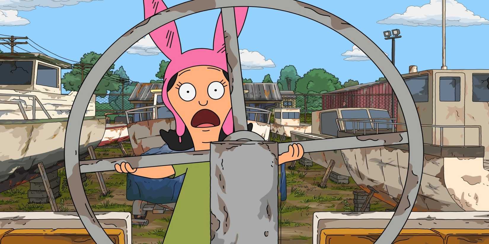 Louise looks terrified behind the steering helm of an old ship in Bob's Burgers Season 15, Episode 19.