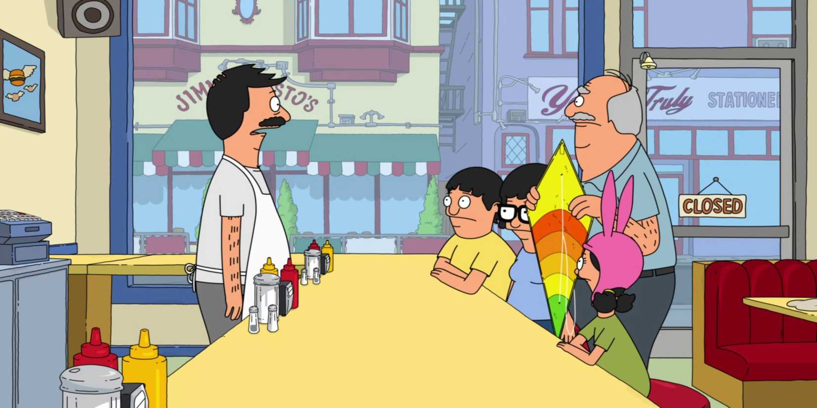 The kids and a man holding a kite talk to Bob at the counter in Bob's Burgers Season 15, Episode 20.
