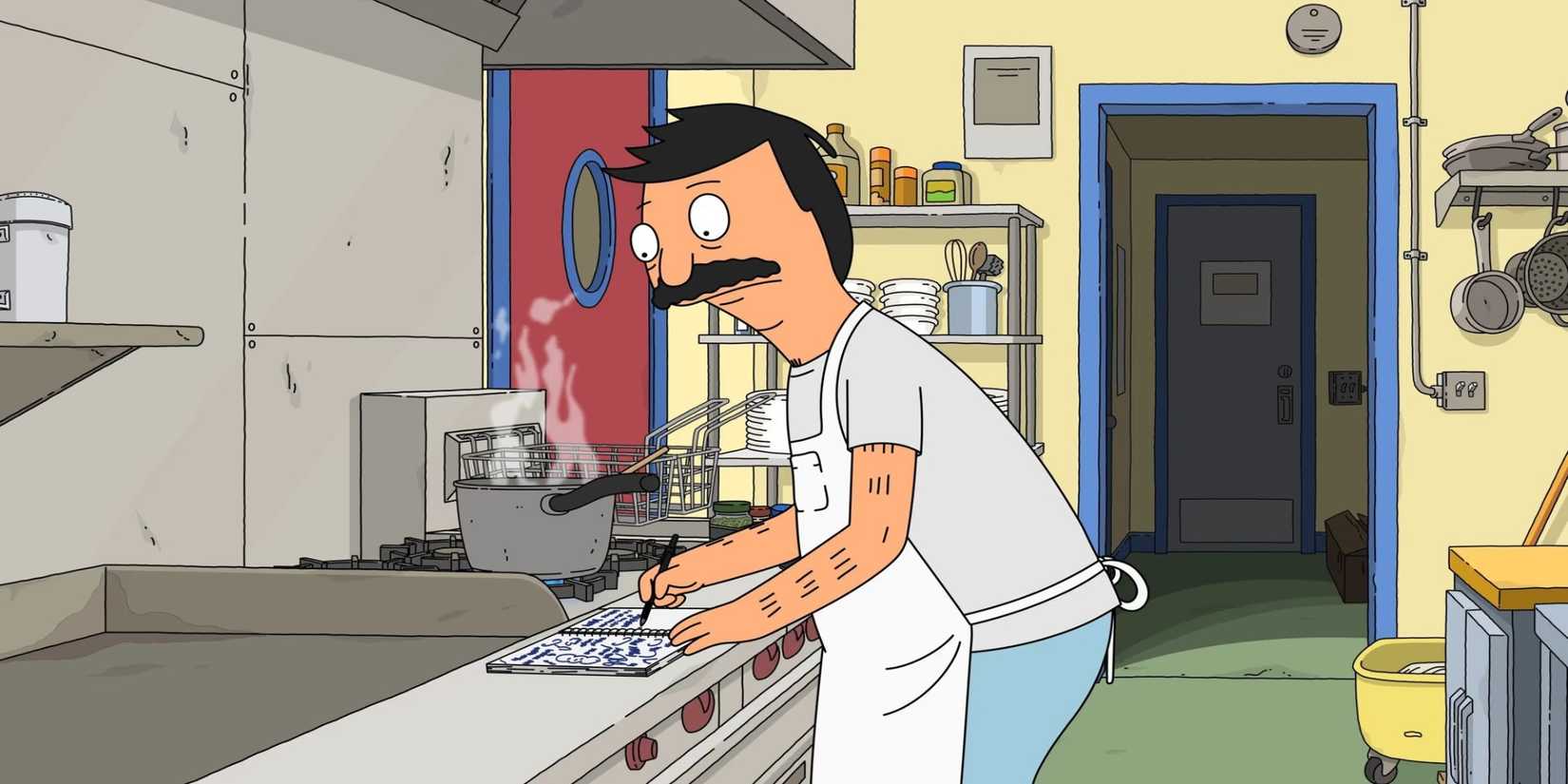 Bob writing in a notebook in the diner kitchen in Bob's Burgers Season 15, Episode 22.