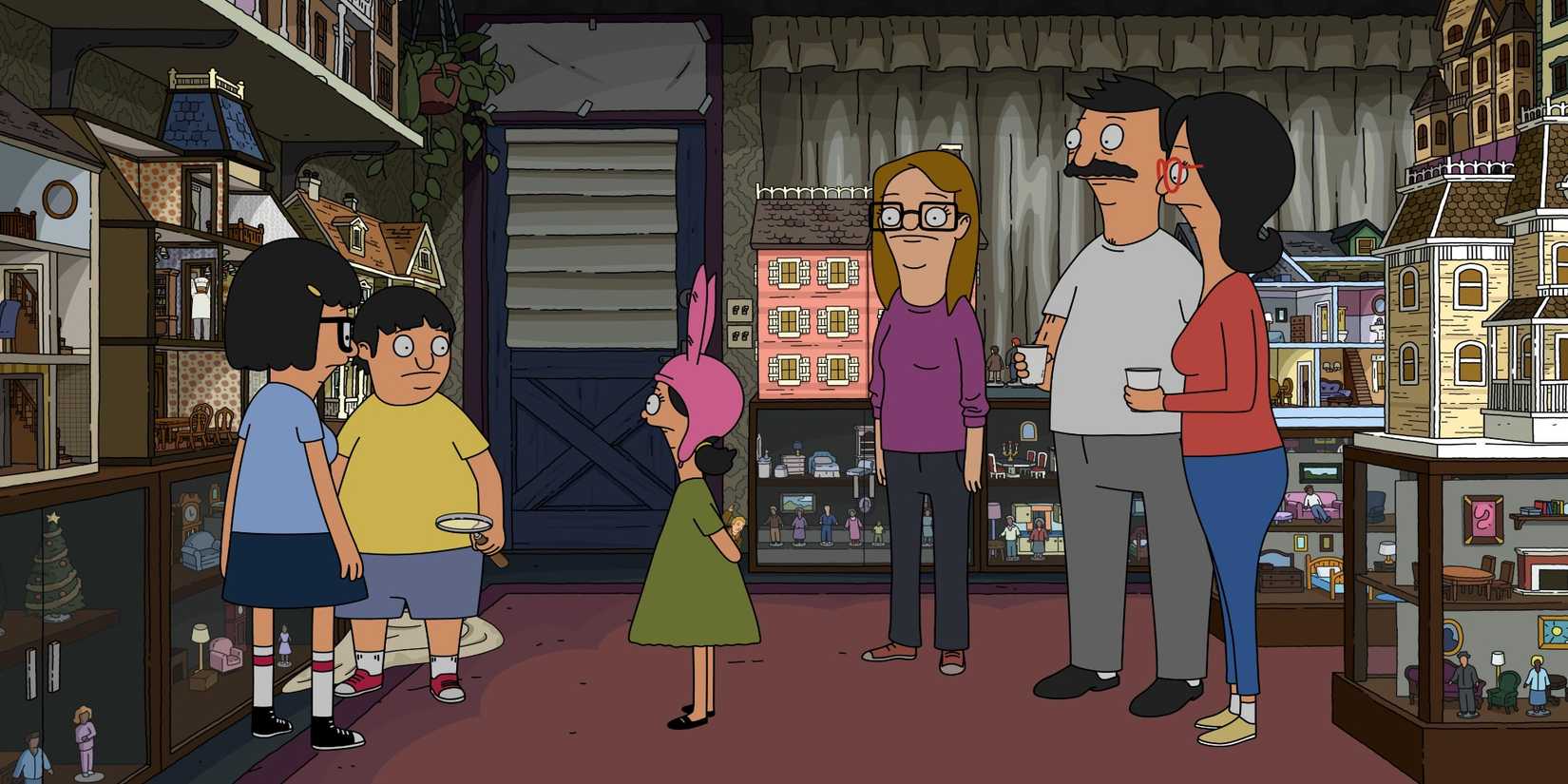 The characters standing in a room full of dollhouses in Bob's Burgers Season 15, Episode 4.