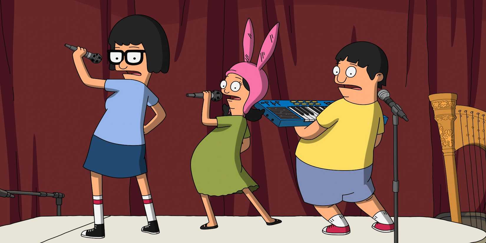 The kids performing on stage with musical instruments in Bob's Burgers Season 15, Episode 6.