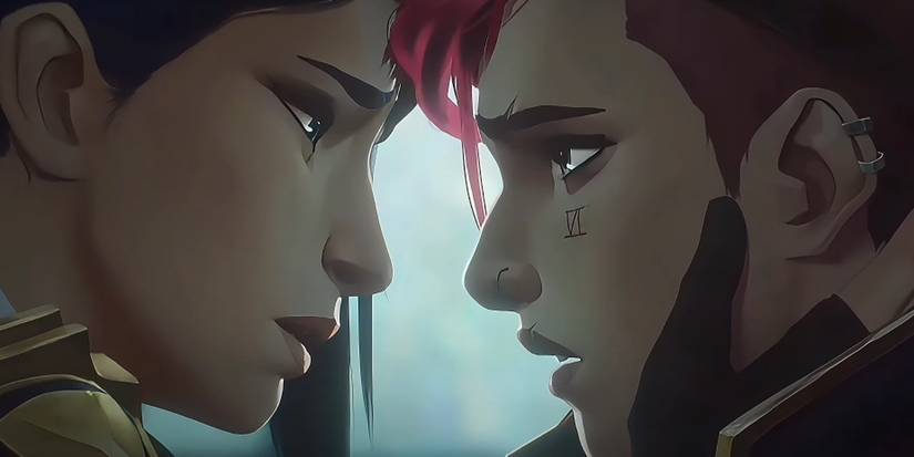 Caitlyn and Violet about to kiss in Arcane.