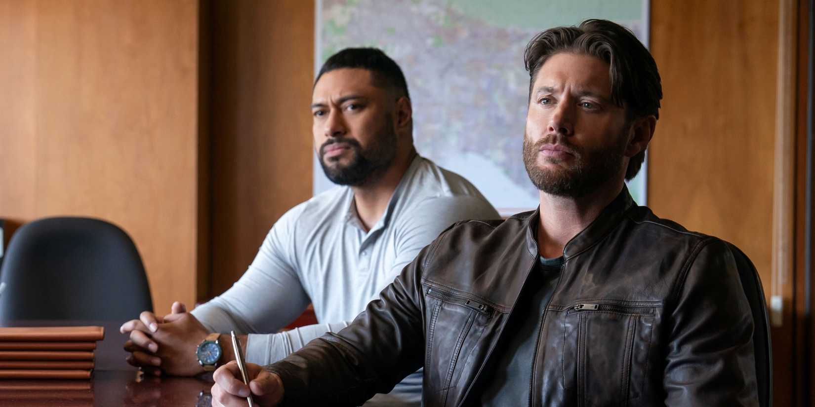 Jensen Ackles as Meachum and Uli Latukefu as Finau sitting at a conference table in Countdown