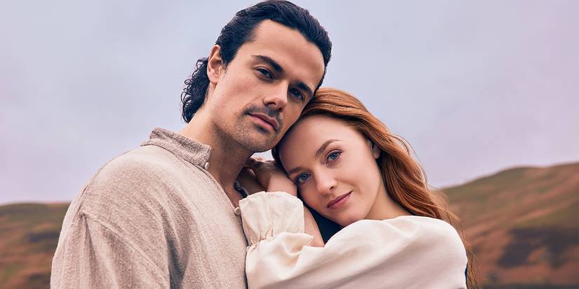 Harriet Slater as Ellen leaning her head on the shoulder of Jamie Roy as Brian in Outlander: Blood of My Blood