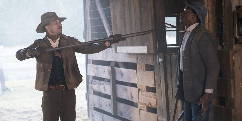 Creeley Turner (Logan Marshall-Green) using a pitchfork on a farmer on 'Damnation.'