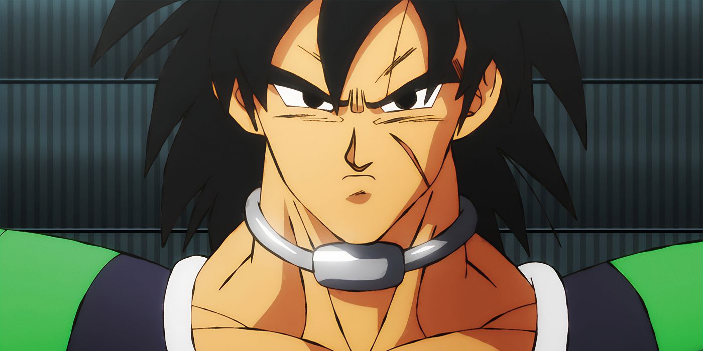 Super Broly from Dragon Ball scowling at the camera with a collar around his muscled neck
