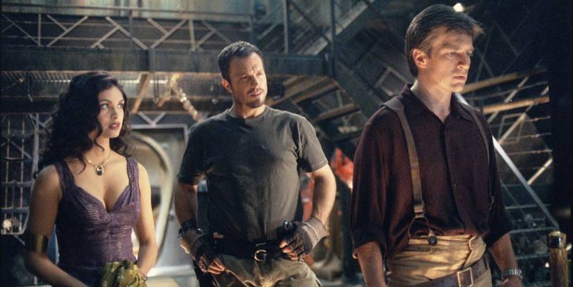 Nathan Fillion, Morena Baccarin, Adam Baldwin in Fox's 'Firefly.' 