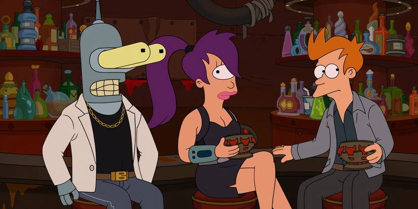 Bender with his eyes zoomed in at a bar with Leela and Fry in Futurama.