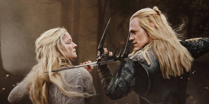Galadriel and Sauron with weapons at each other's necks in The Lord of the Rings- The Rings of Power