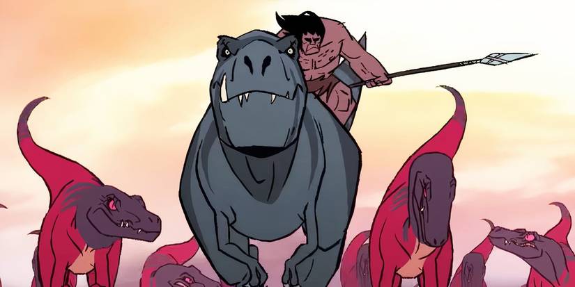 Spear riding Fang alongside other dinosaurs in Genndy Tartakovsky's Primal