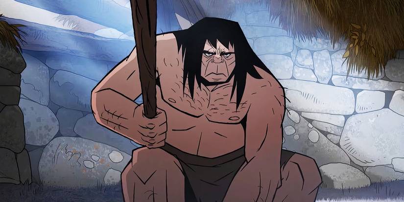 Spear crouched down and holding a spear in Genndy Tartakovsky's Primal
