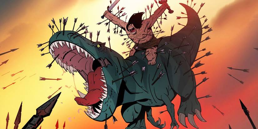 Fang and Spear diving into battle covered in arrows in Primal.