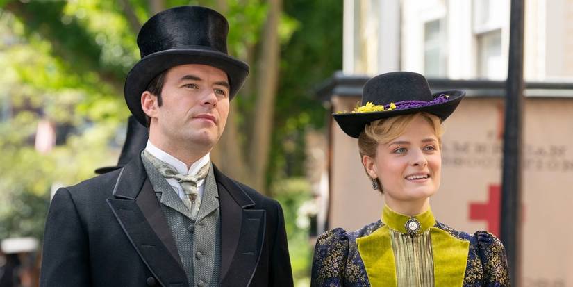 Marian (Louisa Jacobson) and Mr. Raikes (Thomas Cocquerel) in The Gilded Age Season 1.
