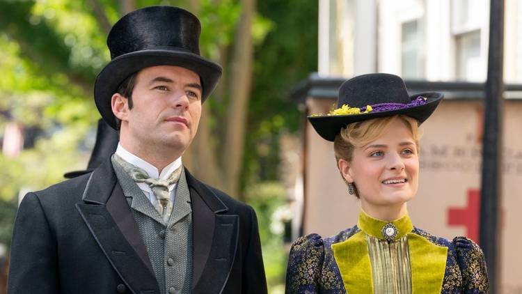 Marian (Louisa Jacobson) and Mr. Raikes (Thomas Cocquerel) in The Gilded Age Season 1