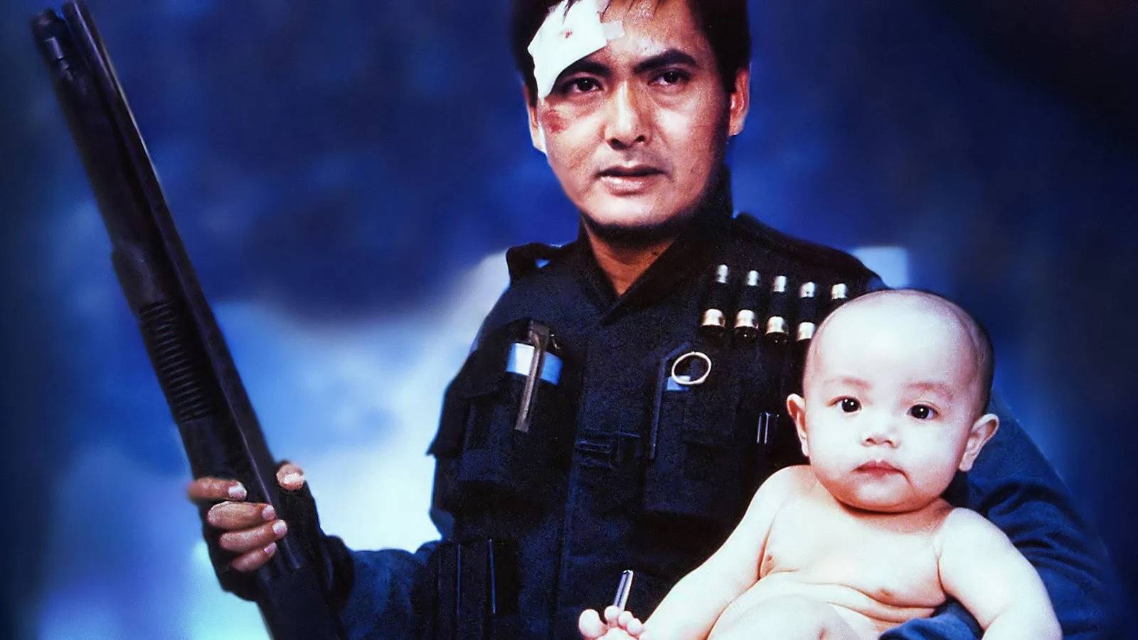 The poster of Hard Boiled showing Chow Yun Fat with a baby