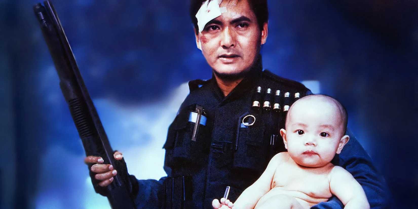 The poster of Hard Boiled showing Chow Yun Fat with a baby