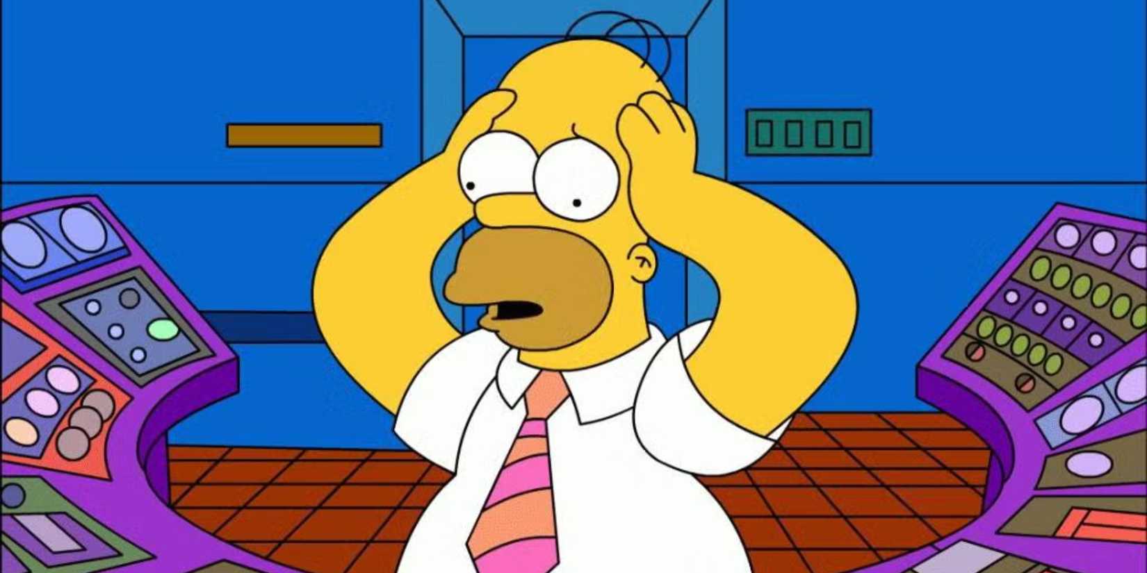 Homer looking overwhelmed at a switchboard in The Simpsons.