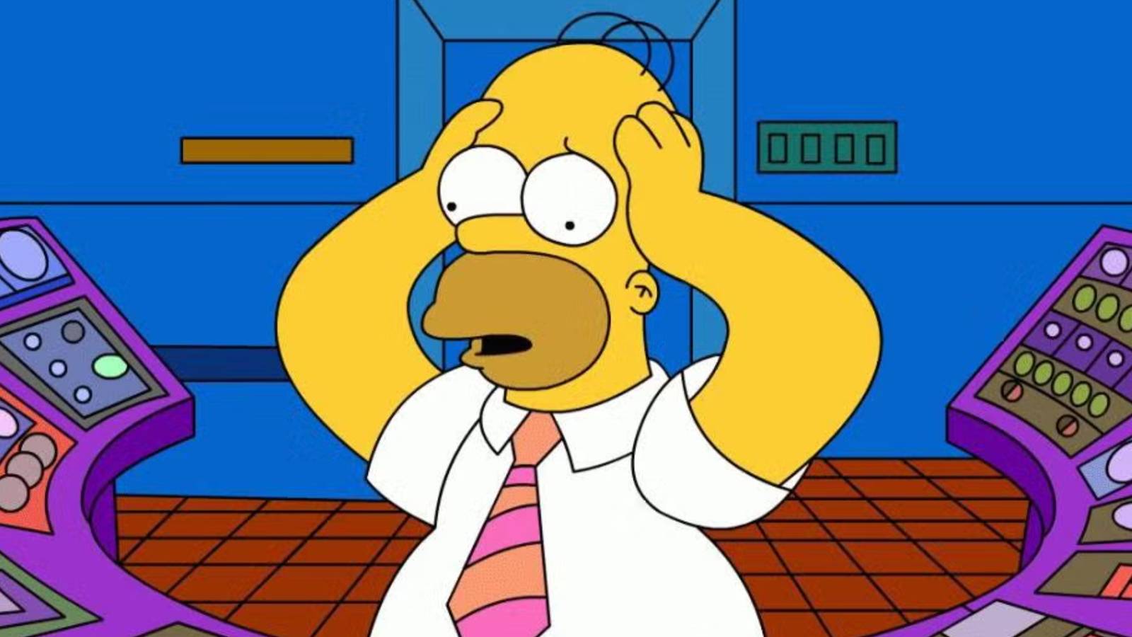 Homer looking overwhelmed at a switchboard in The Simpsons.