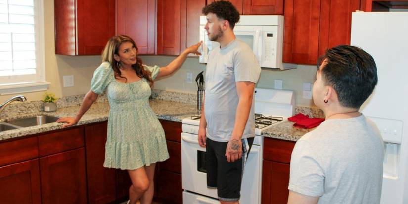 Sara and Jack with their realtor in the kitchen of a property they toured on 'House Hunters.'