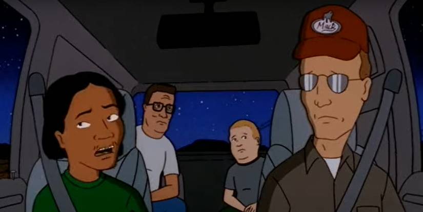 Joseph talking to Dale on the front seat, with Hank and Bobby Hill in the back in 'King of the Hill'