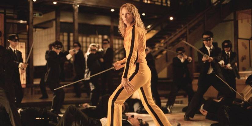 The Bride (Uma Thurman) surrounded by the Crazy 88 in Kill Bill