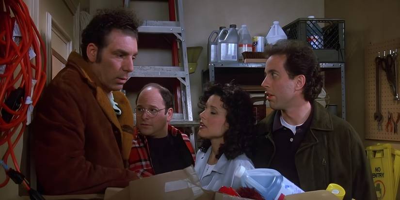 Kramer (Michael Richards), George (Jason Alexander), Elaine (Julia Louis-Dreyfus) et Jerry Seinfeld dans le placard du concierge d'Elaine "appartement" dans l'épisode Seinfeld "Le nid-de-poule."